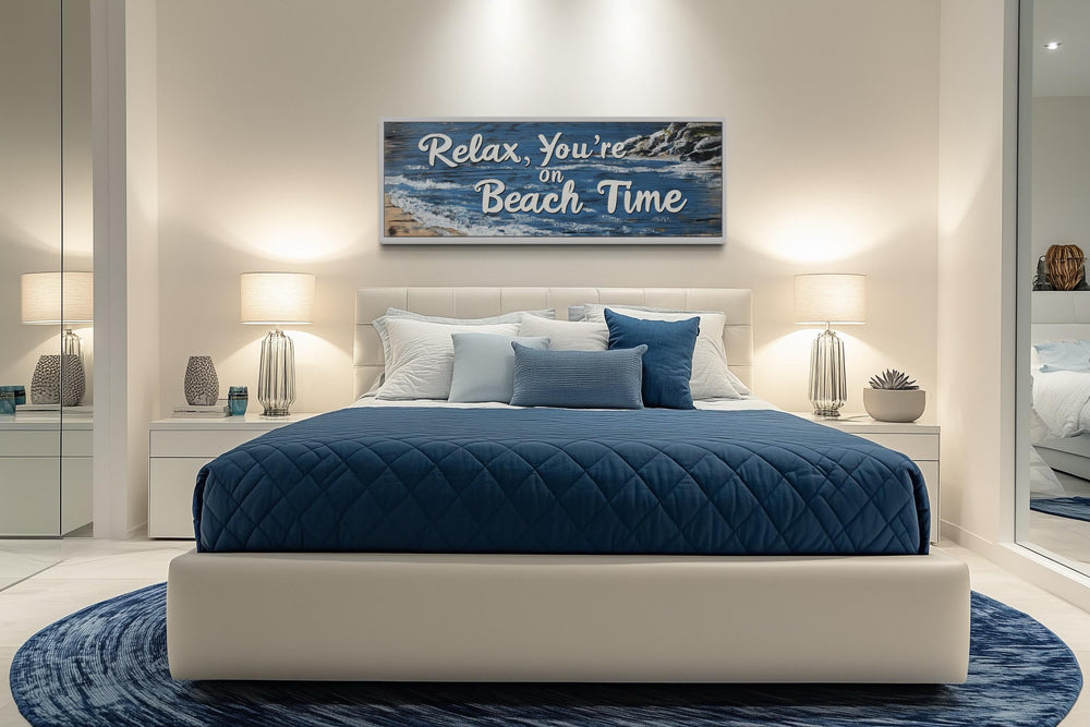 Relax You’re On Beach Time Long Horizontal Rustic Sign Over Bed Coastal Wall Art