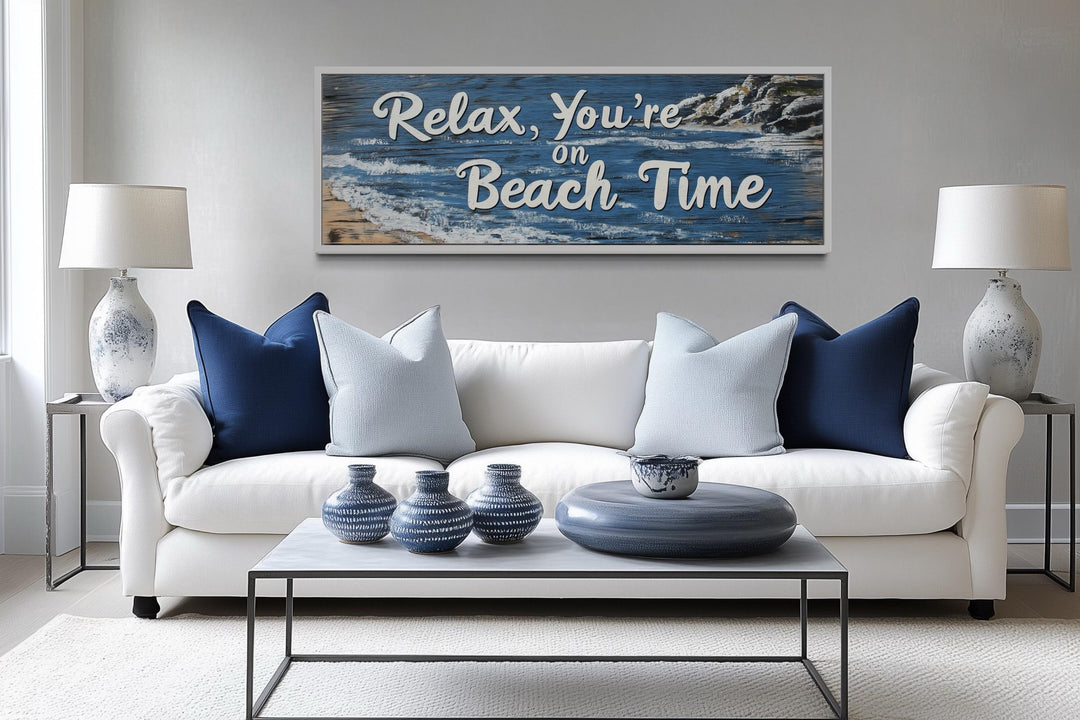 Relax You’re On Beach Time Long Horizontal Rustic Sign Over Bed Coastal Wall Art