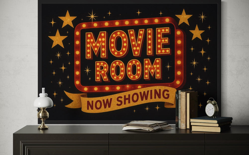 Retro Marquee Movie Room Sign Framed Canvas Wall Art
