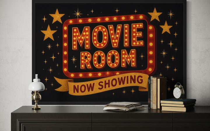 Retro Marquee Movie Room Sign Framed Canvas Wall Art