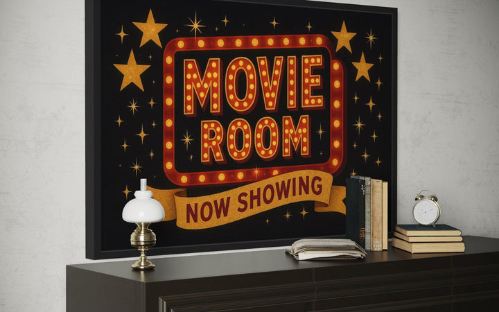 Retro Marquee Movie Room Sign Framed Canvas Wall Art