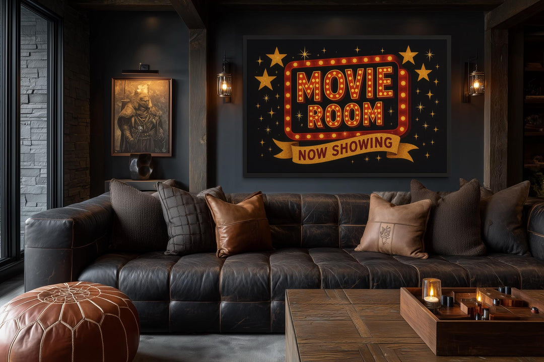Retro Marquee Movie Room Sign Framed Canvas Wall Art
