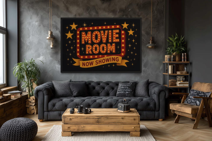 Retro Marquee Movie Room Sign Framed Canvas Wall Art