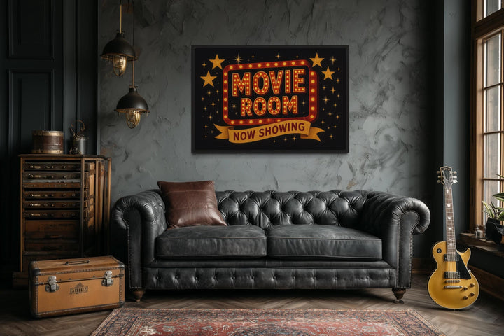Retro Marquee Movie Room Sign Framed Canvas Wall Art
