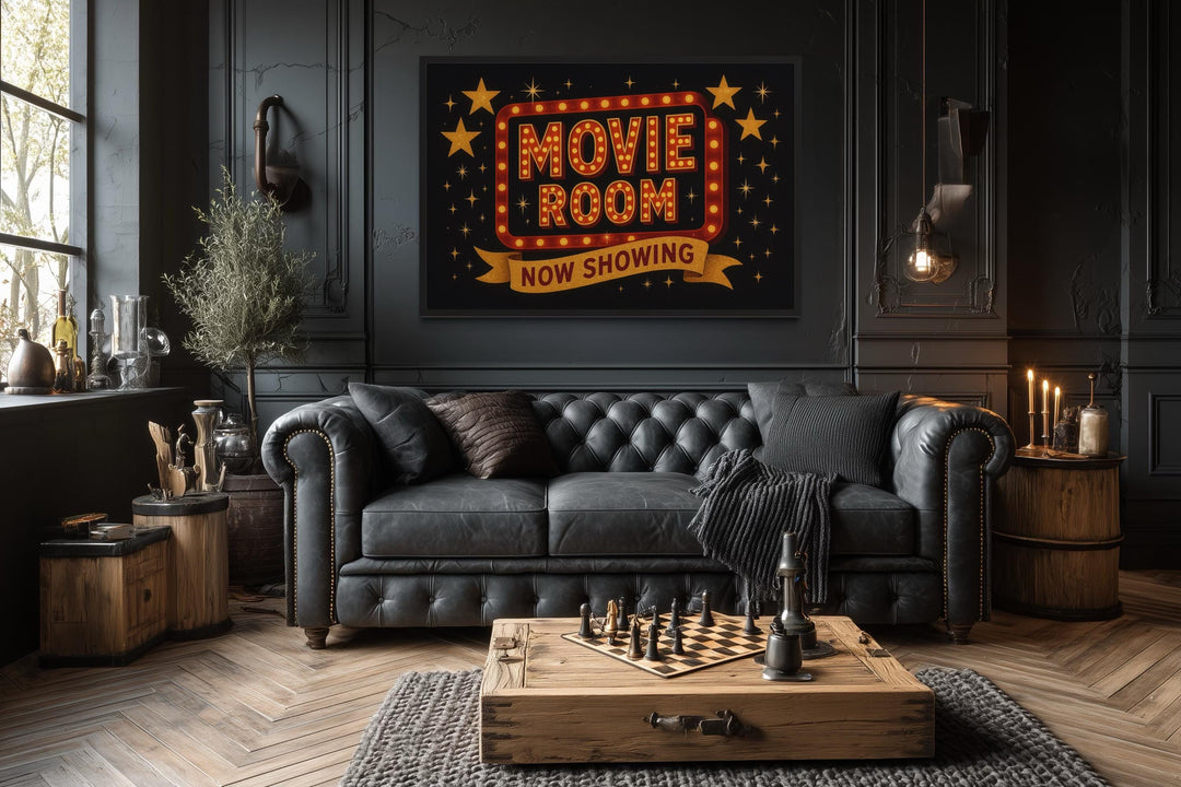 Retro Marquee Movie Room Sign Framed Canvas Wall Art