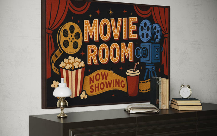 Retro Movie Room Sign With Popcorn, Camera And Drink Canvas Wall Art