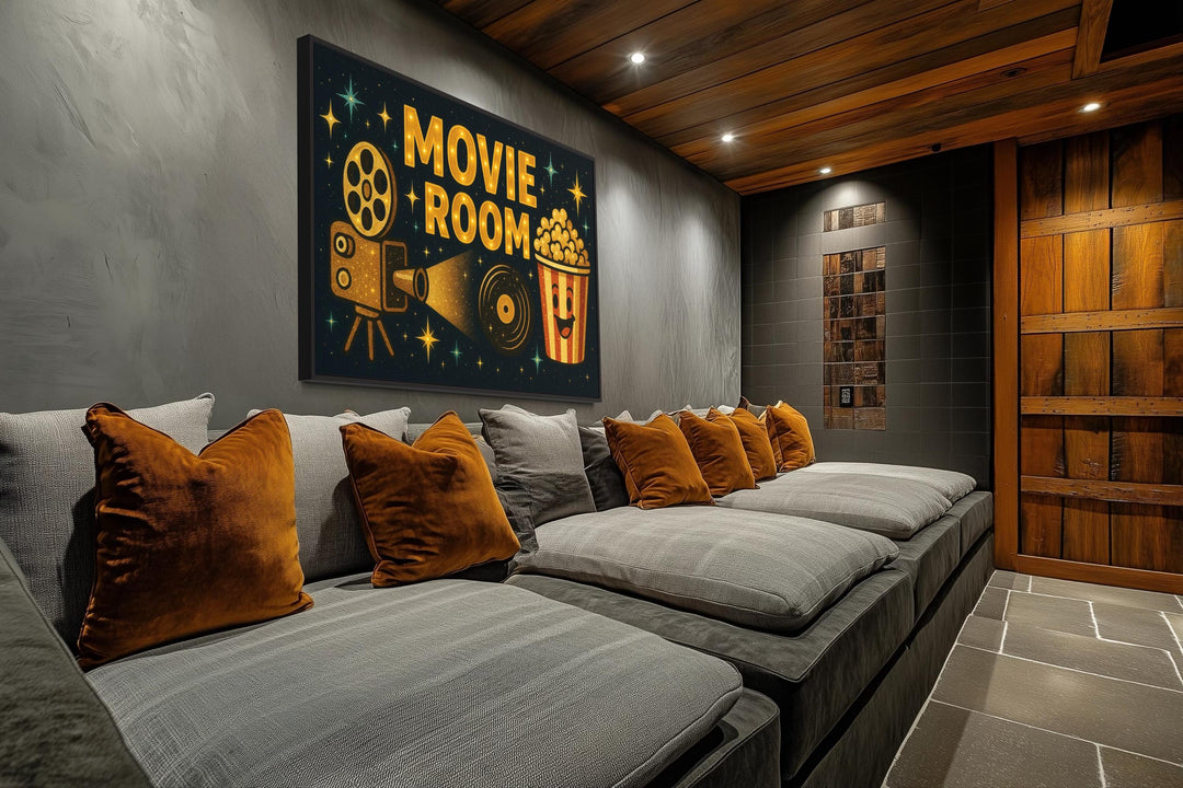 Retro Movie Room Wall Art with Popcorn and Projector