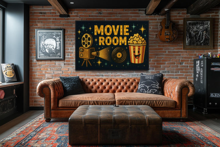 Retro Movie Room Wall Art with Popcorn and Projector