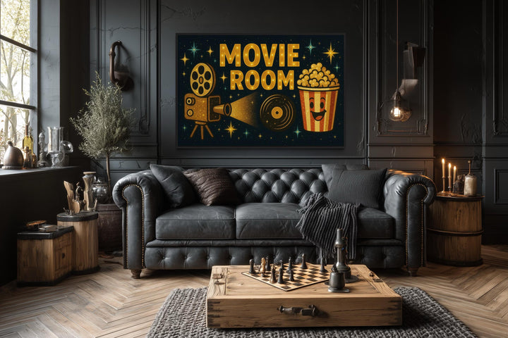 Retro Movie Room Wall Art with Popcorn and Projector