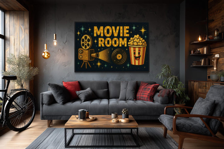 Retro Movie Room Wall Art with Popcorn and Projector
