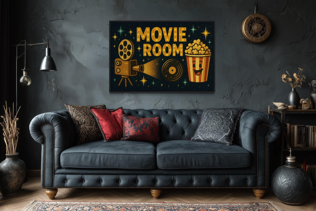 Retro Movie Room Wall Art with Popcorn and Projector