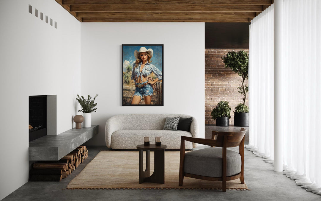 Retro Pin Up Style Cowgirl Framed Canvas Wall Art