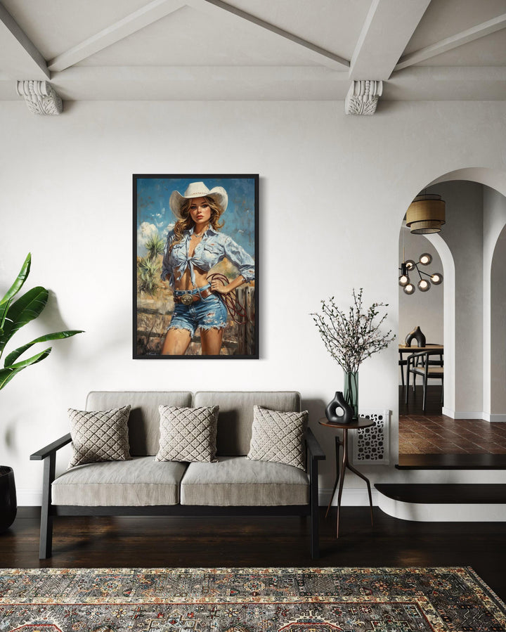 Retro Pin Up Style Cowgirl Framed Canvas Wall Art