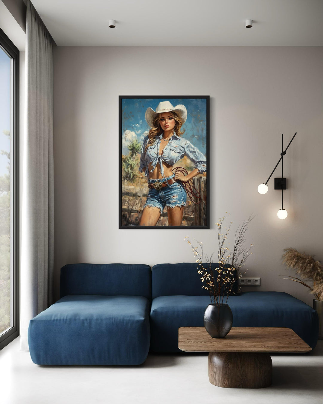 Retro Pin Up Style Cowgirl Framed Canvas Wall Art