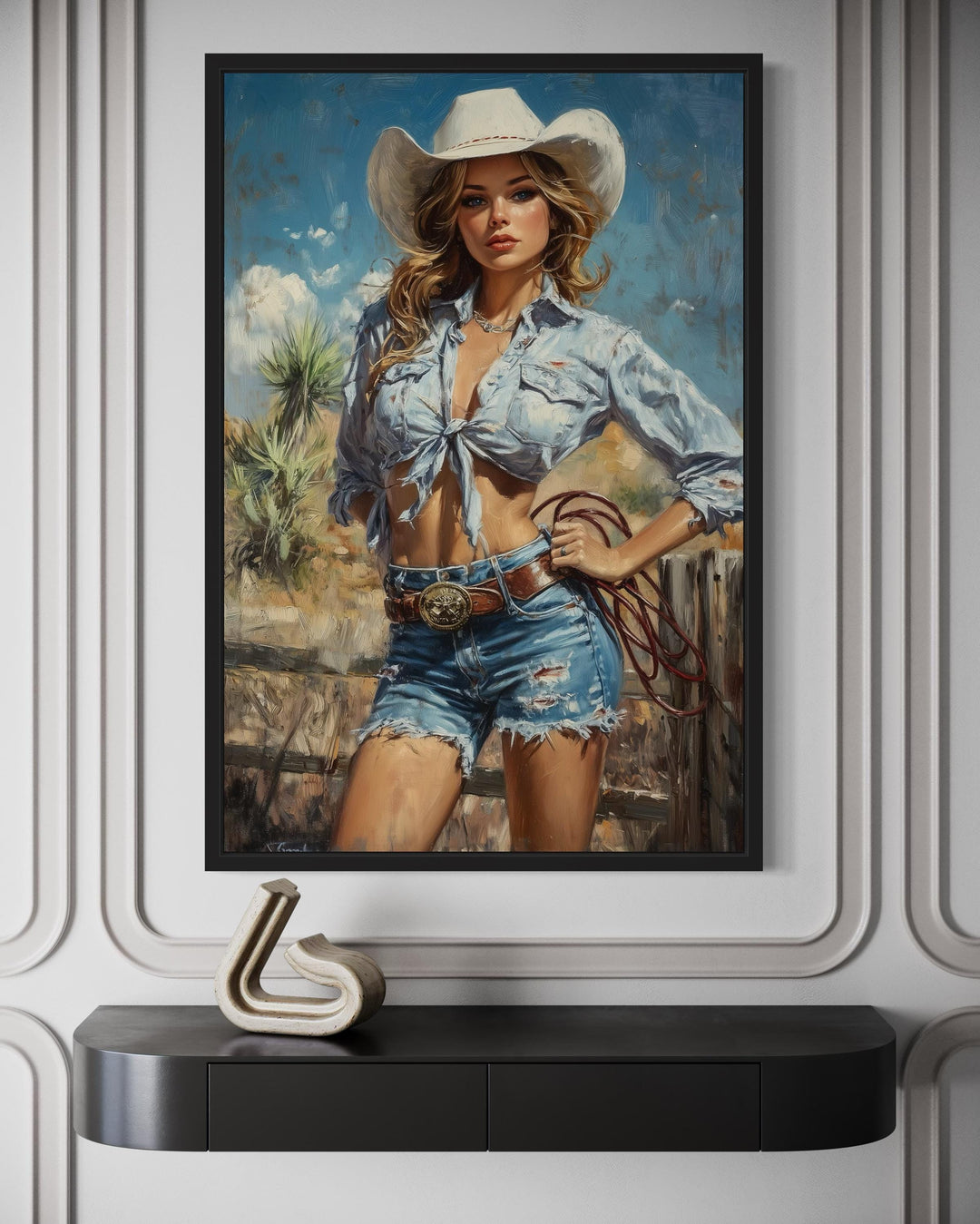 Retro Pin Up Style Cowgirl Framed Canvas Wall Art