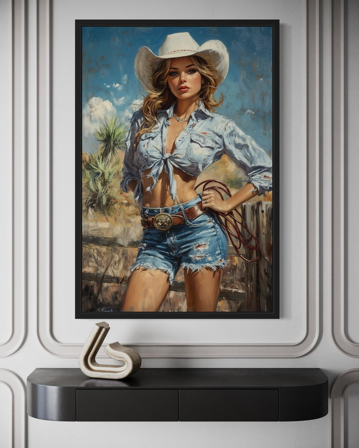 Retro Pin Up Style Cowgirl Framed Canvas Wall Art
