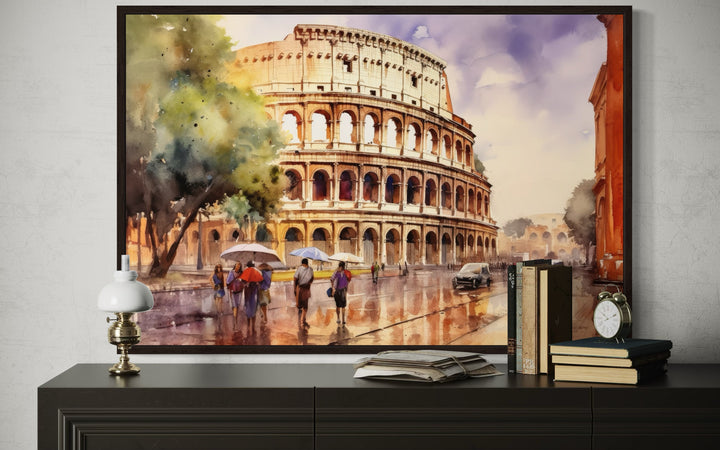 Rome Street With The Colosseum Vintage Framed Canvas Wall Art