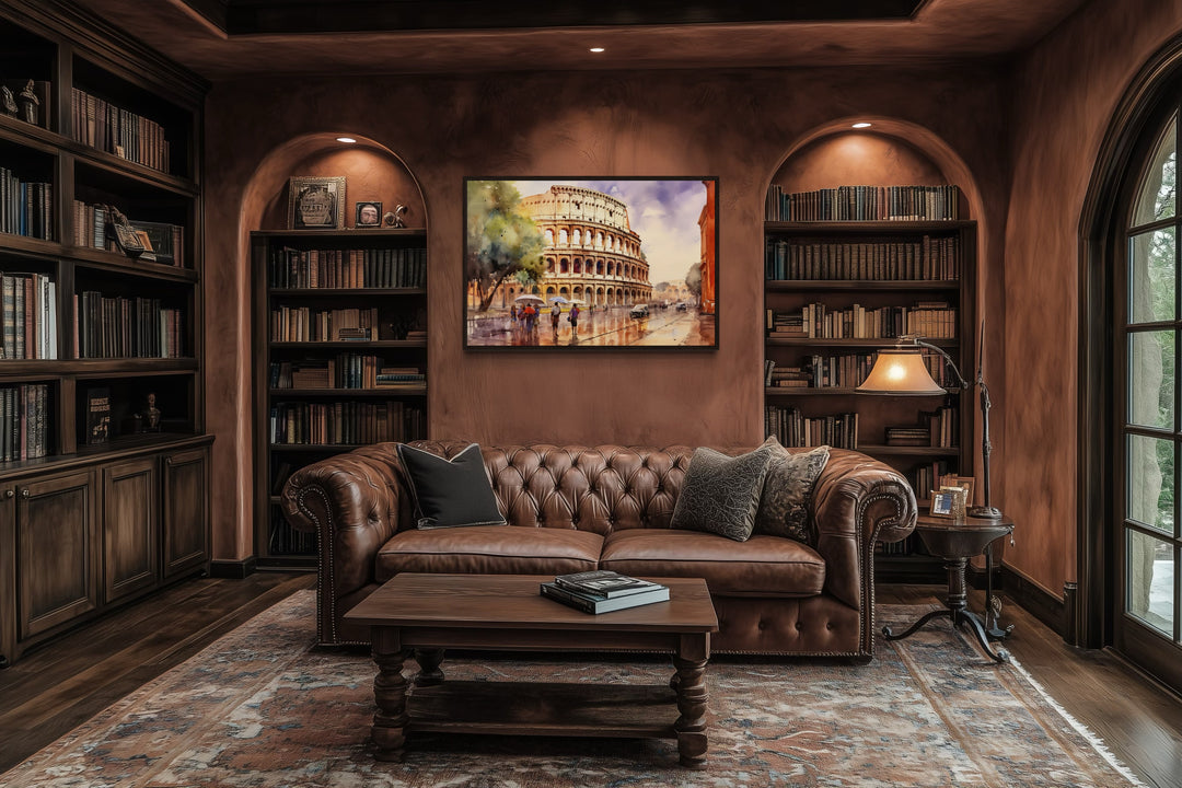 Rome Street With The Colosseum Vintage Framed Canvas Wall Art