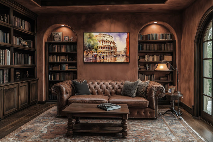 Rome Street With The Colosseum Vintage Framed Canvas Wall Art