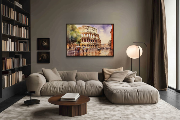 Rome Street With The Colosseum Vintage Framed Canvas Wall Art