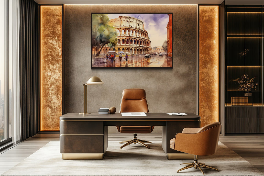 Rome Street With The Colosseum Vintage Framed Canvas Wall Art