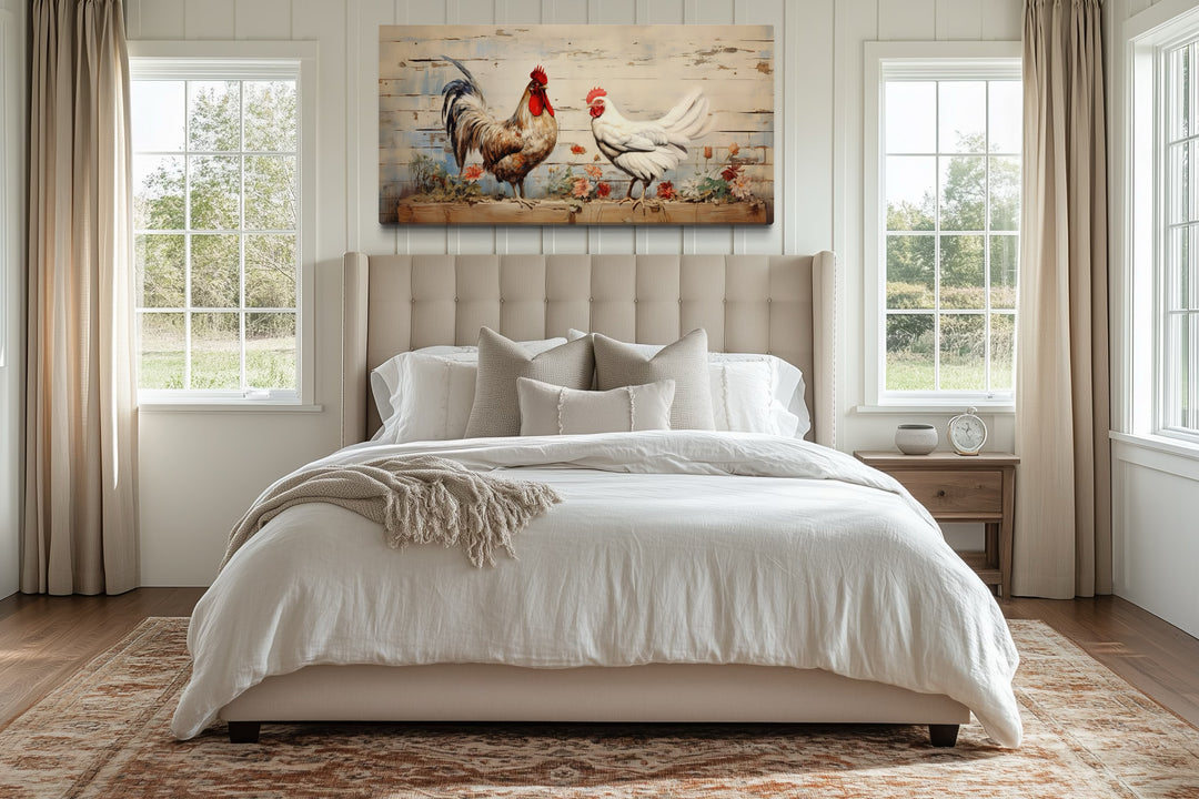 Rooster And Hen At Chicken Farm Farmhouse Framed Canvas Wall Art