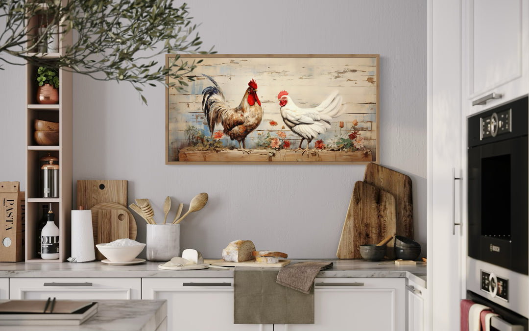 Rooster And Hen At Chicken Farm Farmhouse Framed Canvas Wall Art