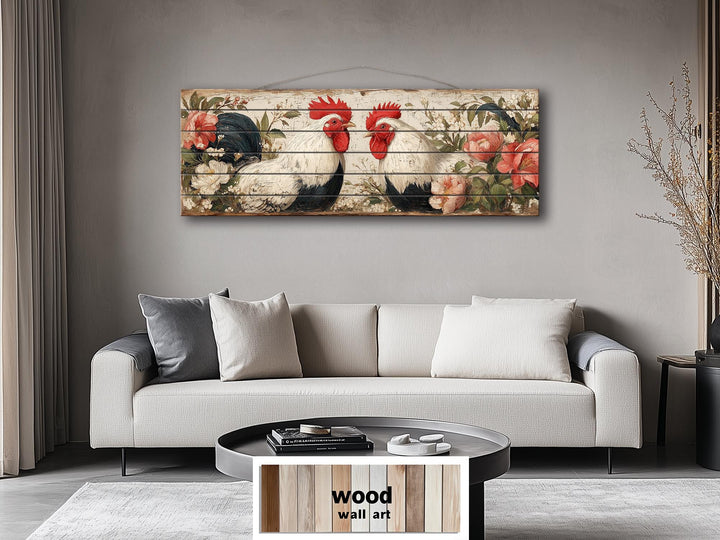 Roosters Pair In Floral Garden Distressed Wood Wall Art