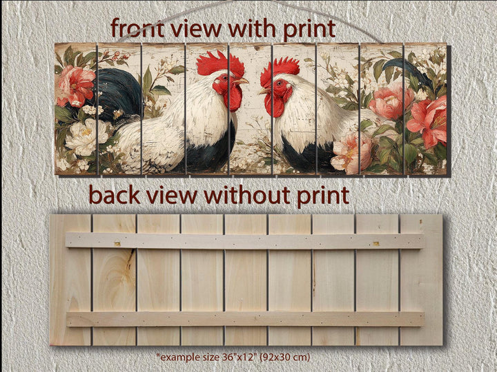 Roosters Pair In Floral Garden Distressed Wood Wall Art