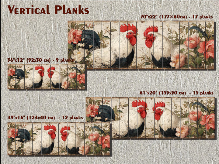 Roosters Pair In Floral Garden Distressed Wood Wall Art