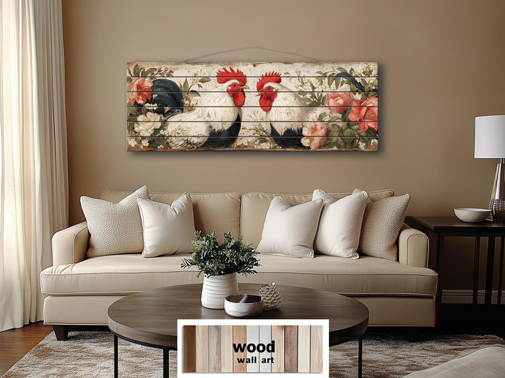 Roosters Pair In Floral Garden Distressed Wood Wall Art