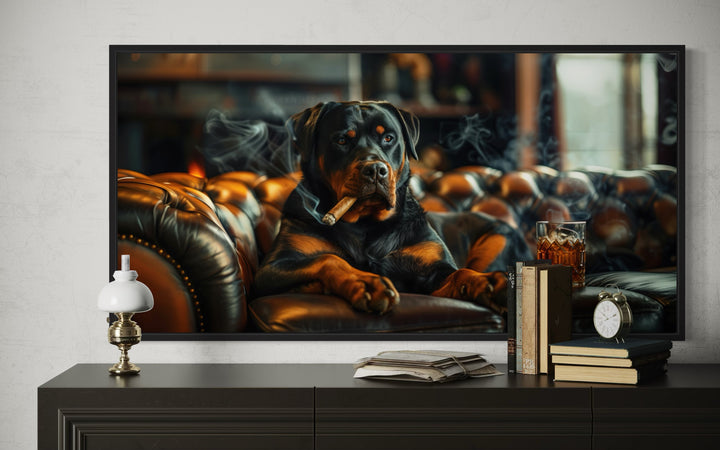 Rottweiler On Couch Smoking Cigar Drinking Whiskey Wall Art For Bar