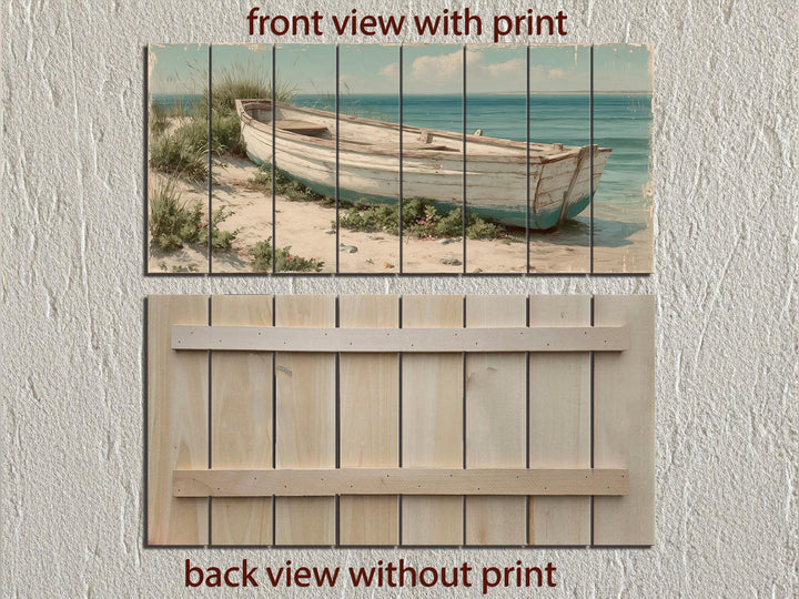 Rowboat On Coastal Shore Distressed Wood Wall Art