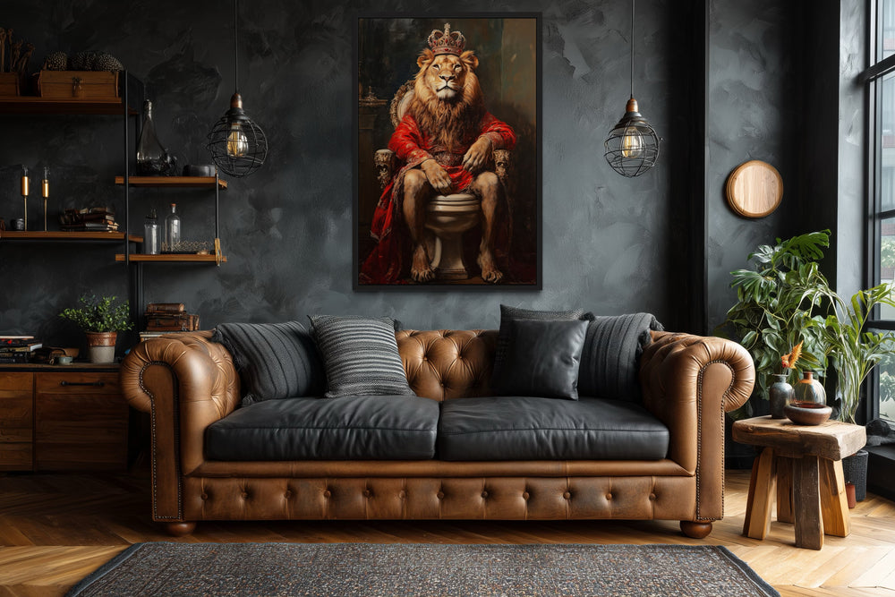 Royal Lion With Crown Sitting on Toilet Framed Canvas Picture