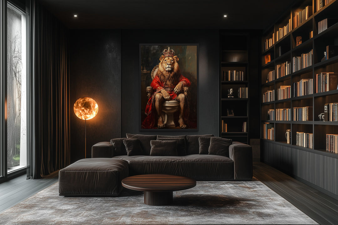 Royal Lion With Crown Sitting on Toilet Framed Canvas Picture