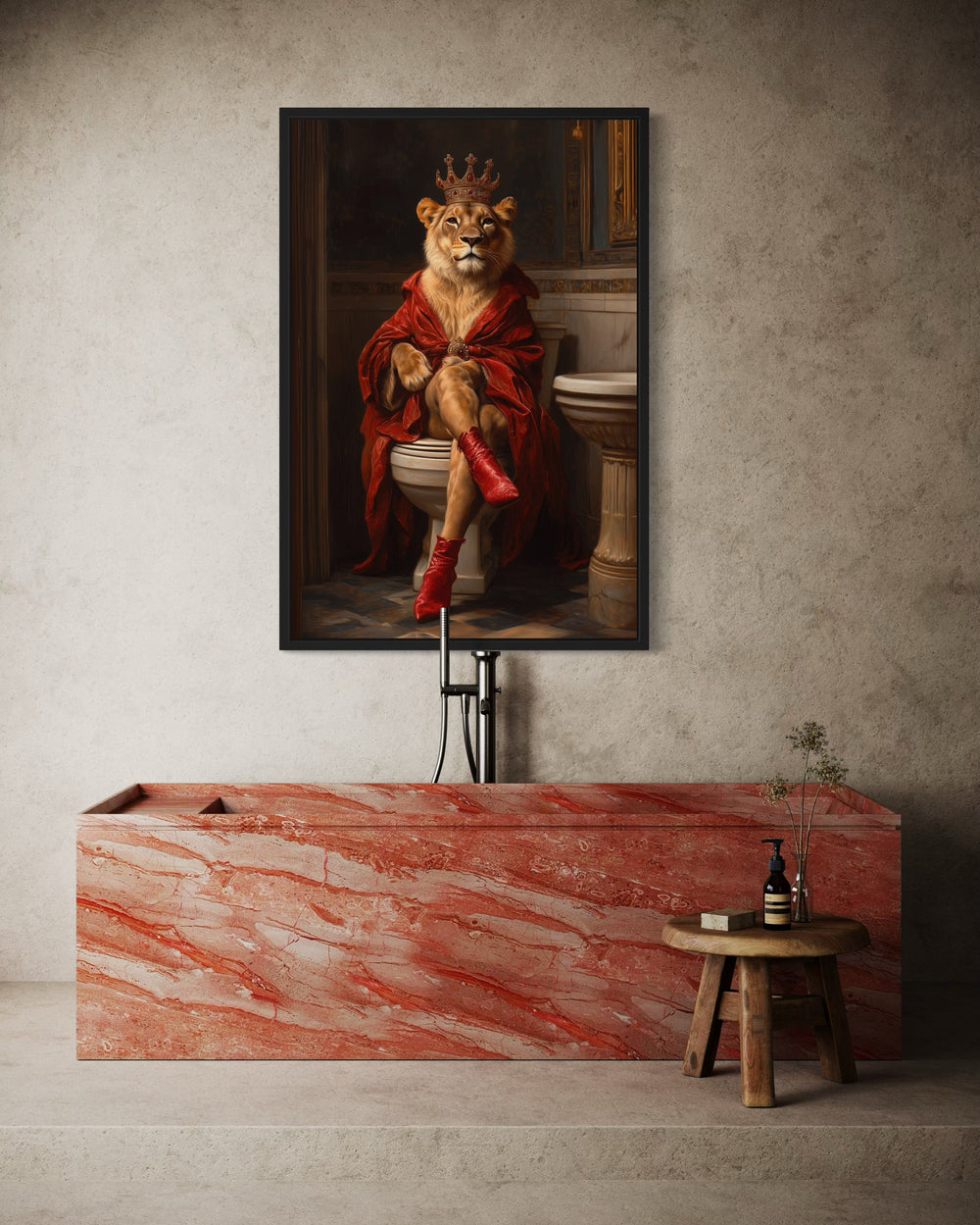 Royal Lioness With Crown Sitting on Toilet Framed Canvas Picture