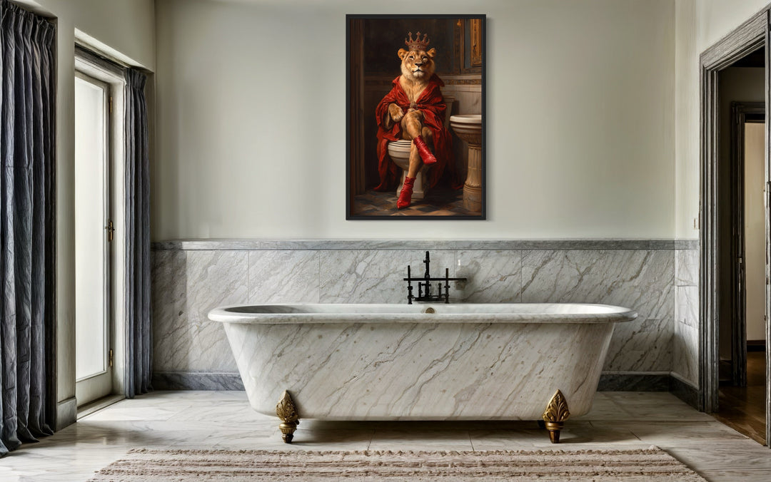 Royal Lioness With Crown Sitting on Toilet Framed Canvas Picture