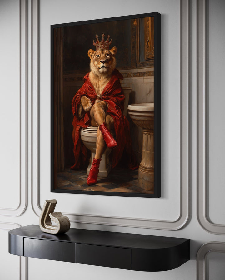 Royal Lioness With Crown Sitting on Toilet Framed Canvas Picture