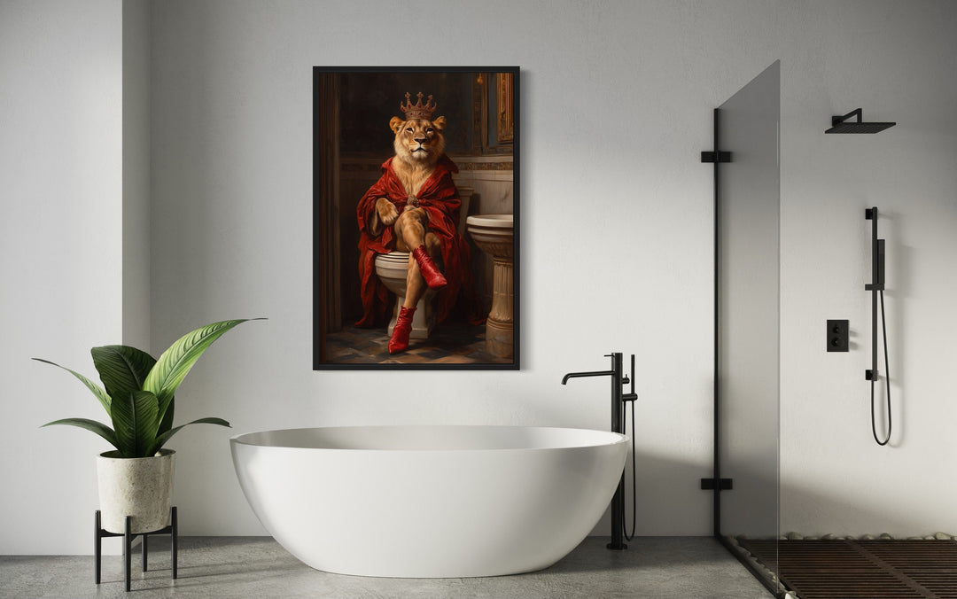 Royal Lioness With Crown Sitting on Toilet Framed Canvas Picture