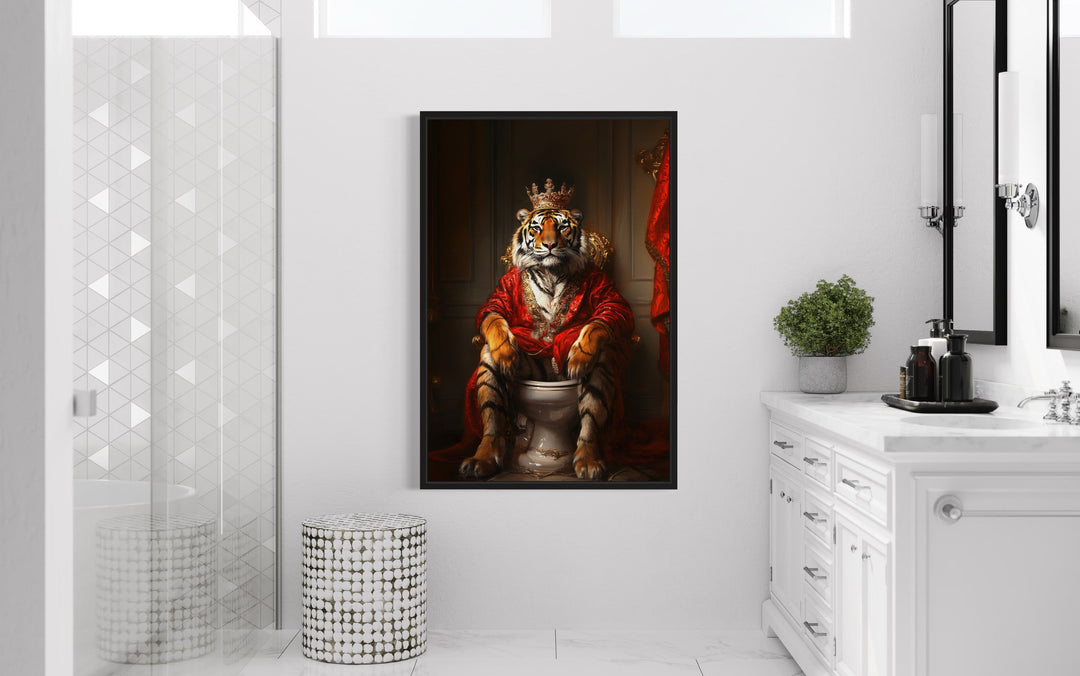 Royal Tiger With Crown Sitting on Toilet Framed Canvas Picture