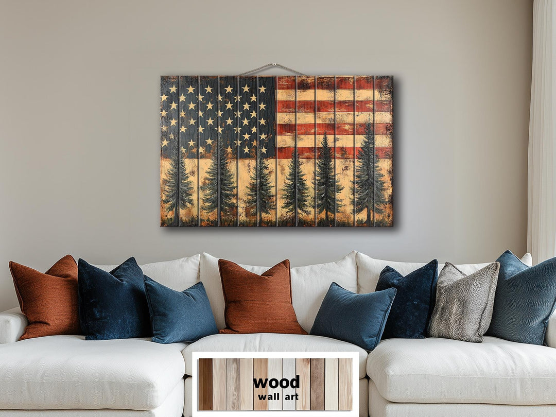 Rustic American Flag With Pine Trees Wood Sign For Man Cave Wall Decor