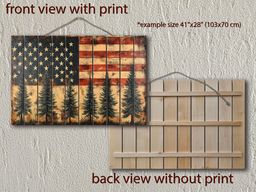 Rustic American Flag With Pine Trees Wood Sign For Man Cave Wall Decor
