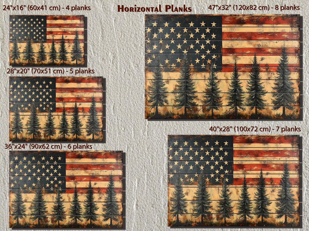 Rustic American Flag With Pine Trees Wood Sign For Man Cave Wall Decor