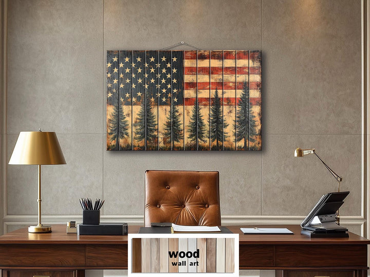 Rustic American Flag With Pine Trees Wood Sign For Man Cave Wall Decor