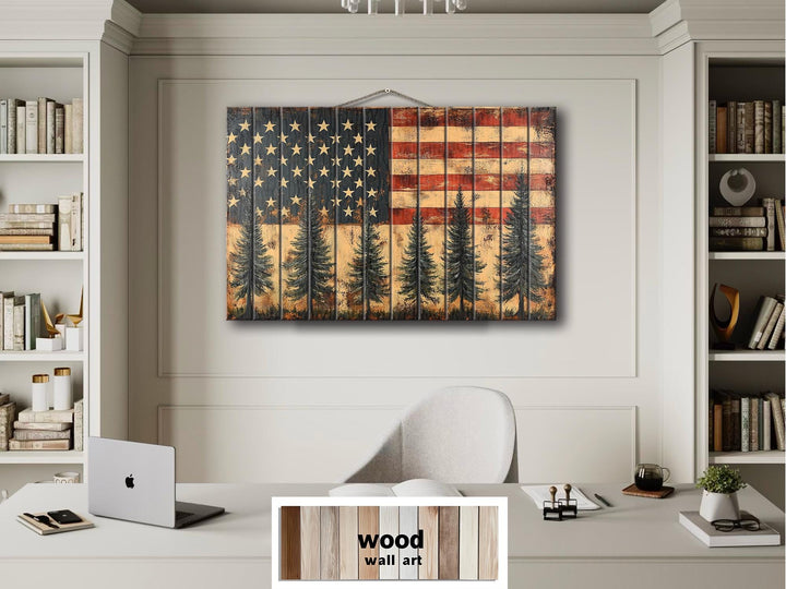 Rustic American Flag With Pine Trees Wood Sign For Man Cave Wall Decor