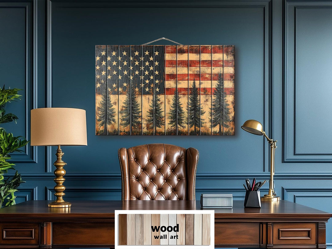 Rustic American Flag With Pine Trees Wood Sign For Man Cave Wall Decor