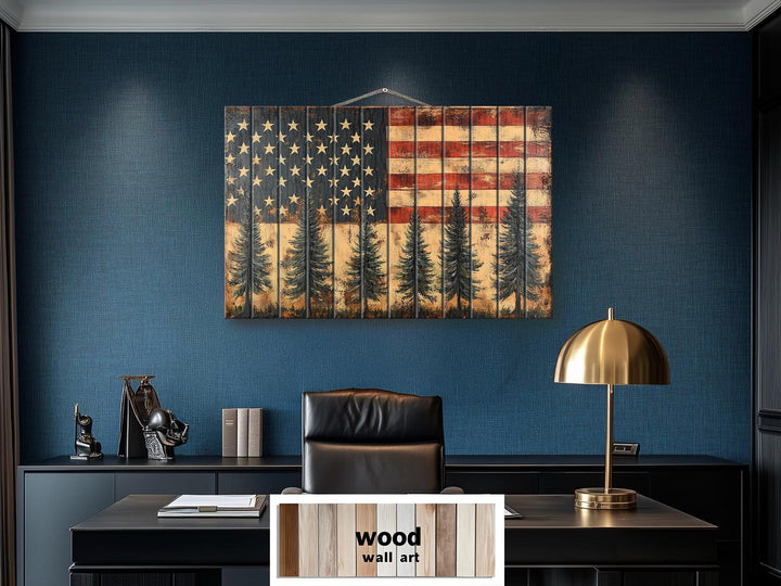 Rustic American Flag With Pine Trees Wood Sign For Man Cave Wall Decor