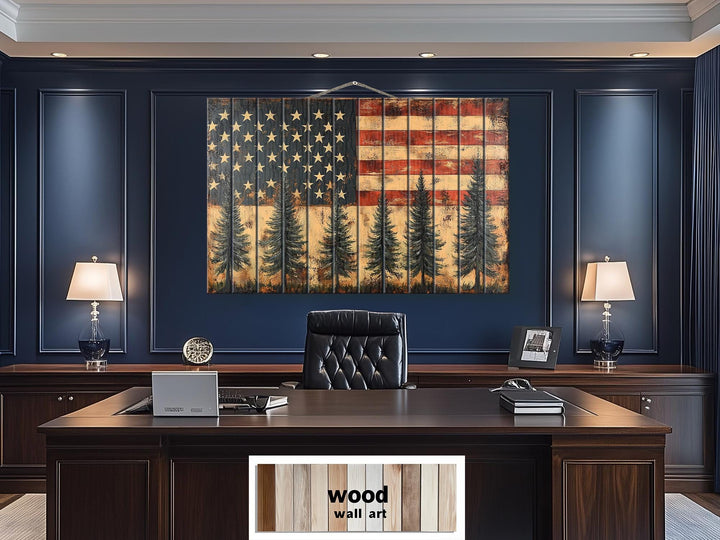 Rustic American Flag With Pine Trees Wood Sign For Man Cave Wall Decor