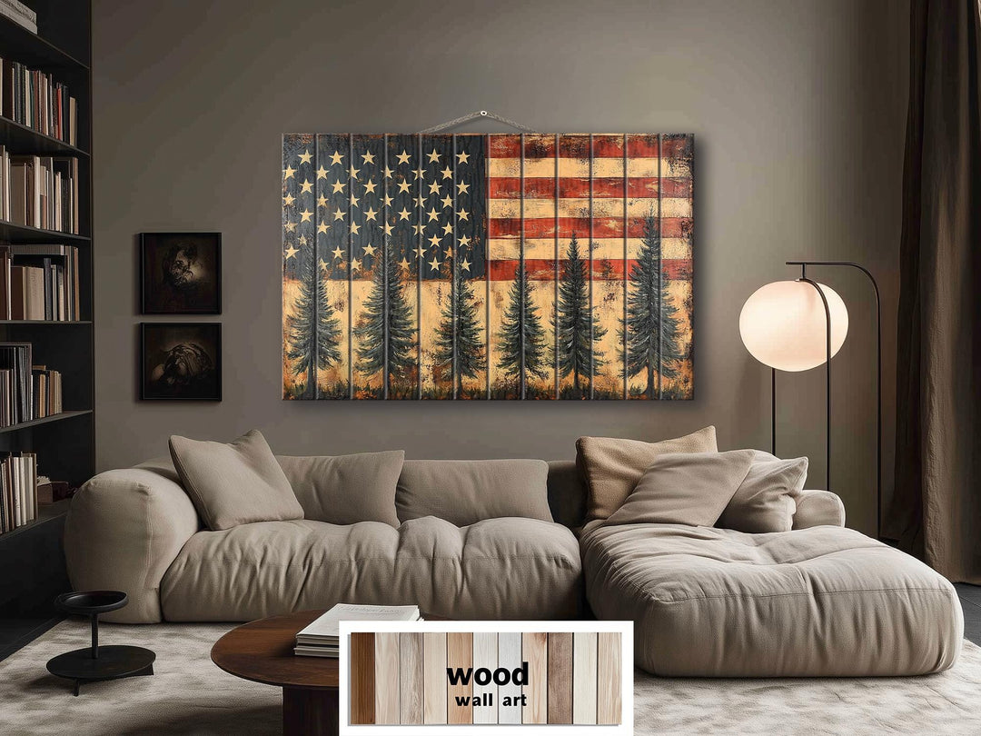 Rustic American Flag With Pine Trees Wood Sign For Man Cave Wall Decor