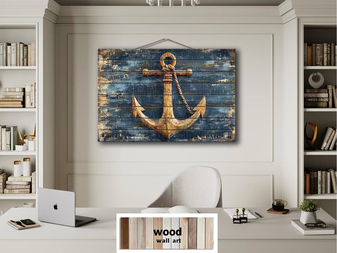 Rustic Anchor Wood Sign Printed on Real Wood Nautical Wall Art